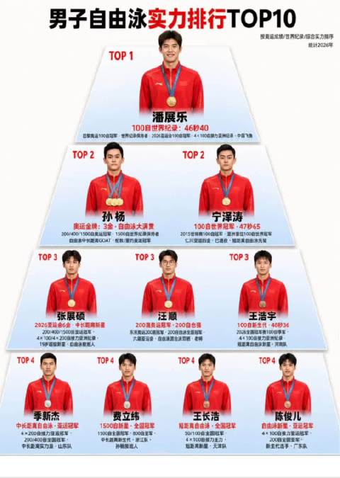 男子自由泳实力排行 TOP10 潘展乐 张展硕 汪顺 孙杨 王浩宇