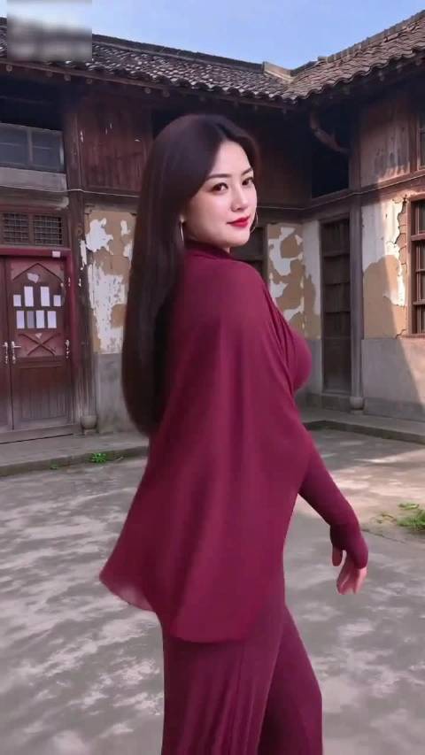 复古建筑前的背影 红色连衣裙 乡村风情