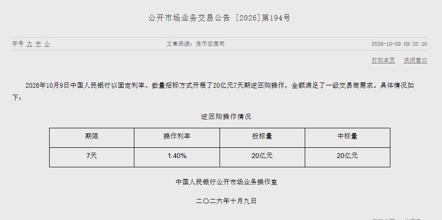 央行开展20亿元7天期逆回购操作