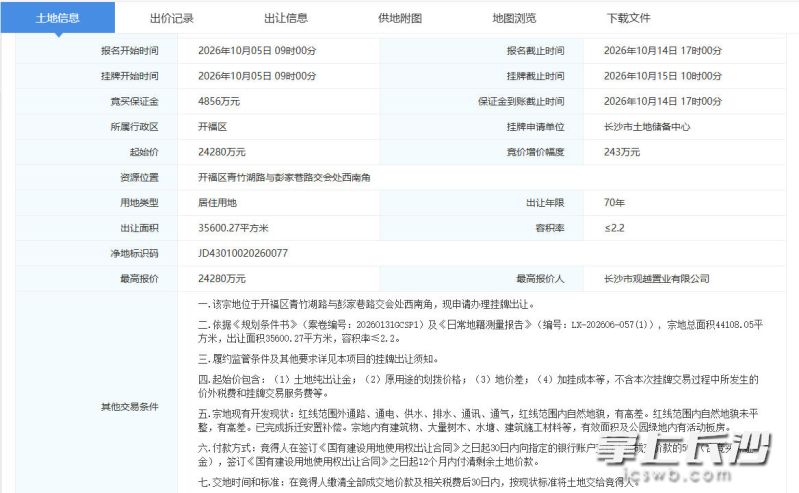 长沙关公湖片区一纯住宅用地底价成交 长沙关公湖片区一纯住宅用地底价成交