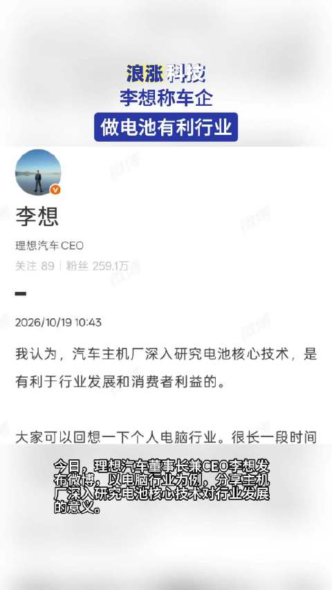 李想称车企做电池有利行业