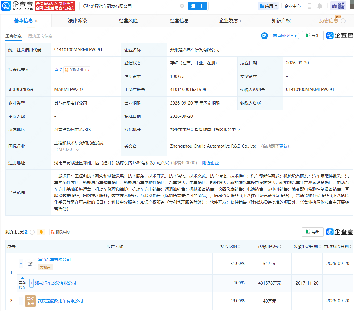 海马汽车等在郑州成立楚界汽车研发公司