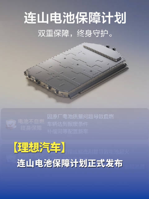 理想发布连山电池保障计划 两项终身保障兜底自燃与碰撞起火