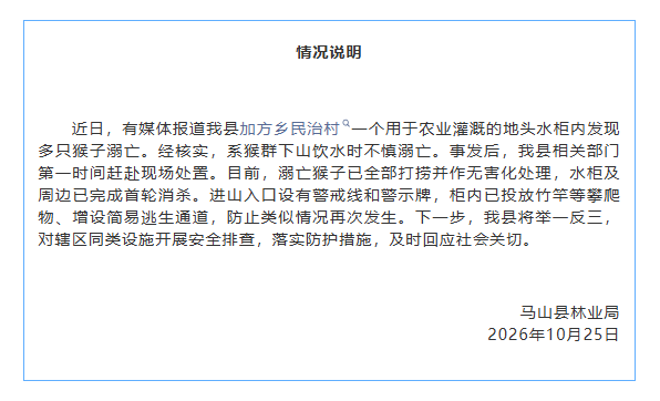 广西马山县通报“灌溉水柜发现多只猴子溺亡”:系下山饮水不慎溺亡 广西马山县通报“灌溉水柜发现多只猴子溺亡”:系下山饮水不慎溺亡