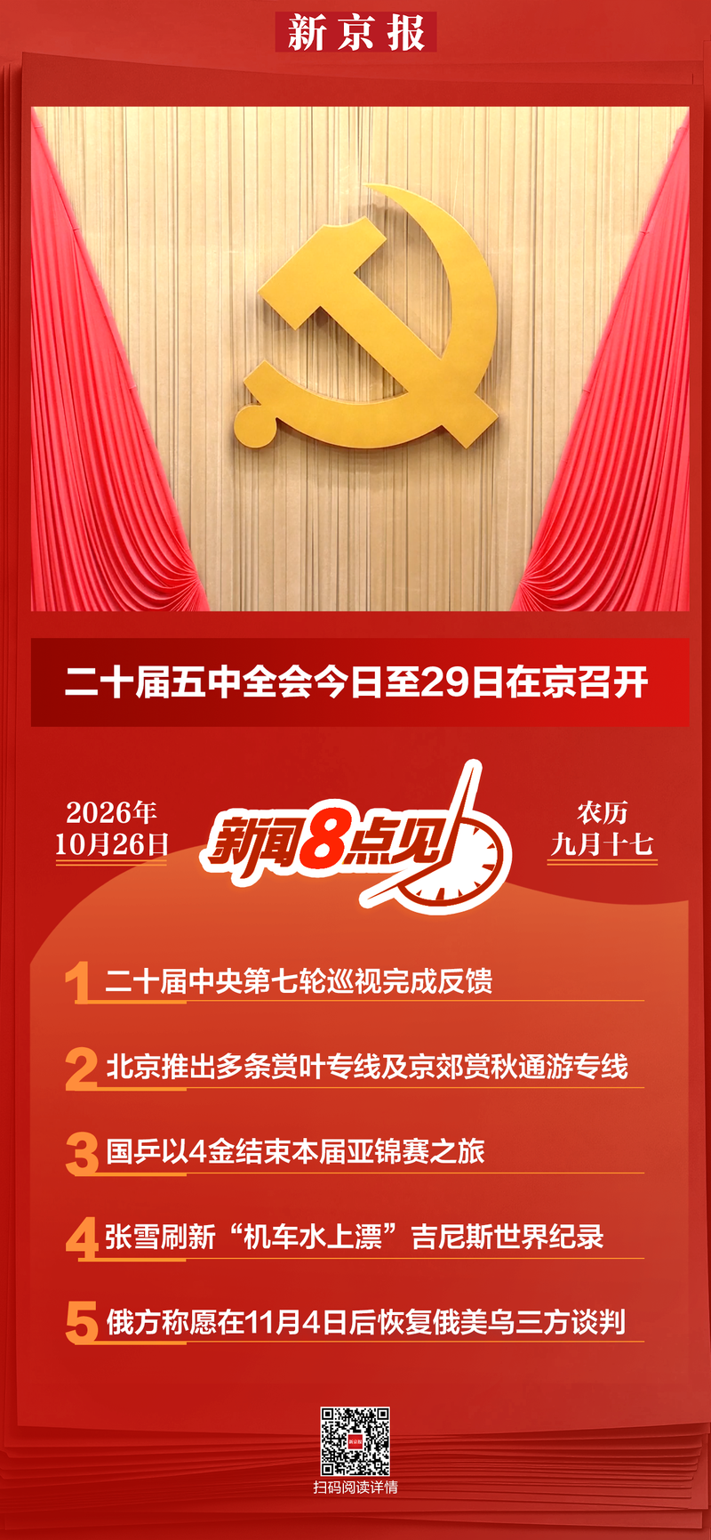 新闻8点见丨二十届五中全会今日至29日在京召开