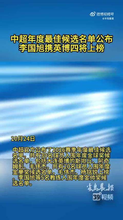 中超公布年度最佳候选名单，金球金童金帅三大奖项入围揭晓