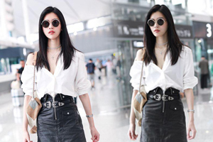 奚梦瑶黑白LOOK秀美腿 露香肩慵懒随意