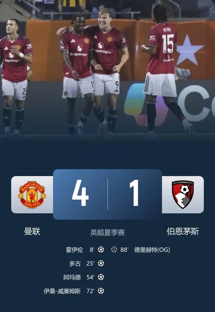 曼联热身赛4比1胜伯恩茅斯，多古传射霍伊伦闪击