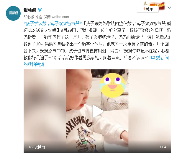 孩子跟妈妈学认阿拉伯数字 母子双双被气哭