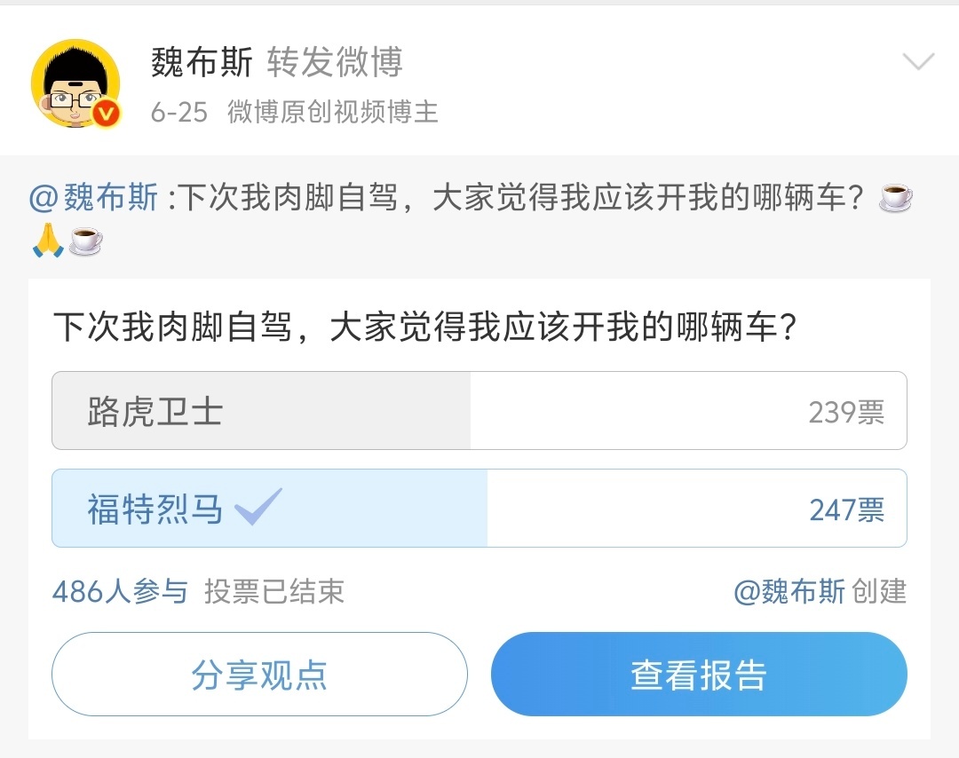 网友票选自驾车型,烈马险胜卫士