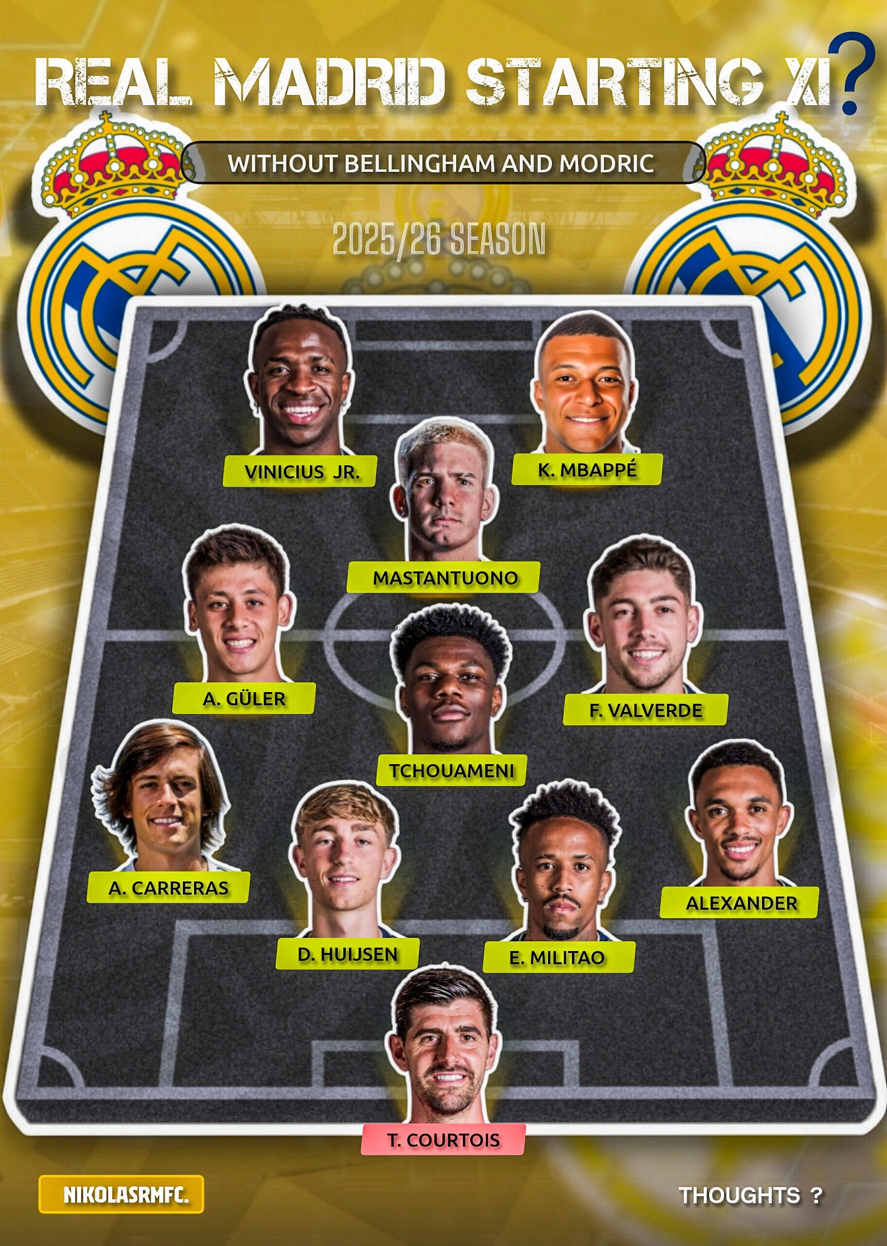 皇马新阵曝光：贝林厄姆莫德里奇缺席，楚阿梅尼巴尔韦德担纲攻防