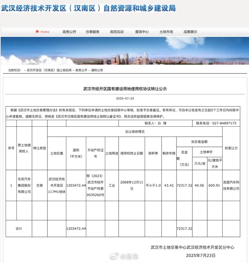 岚图汽车7.23亿元收购武汉东风云峰工厂，年产能15万辆