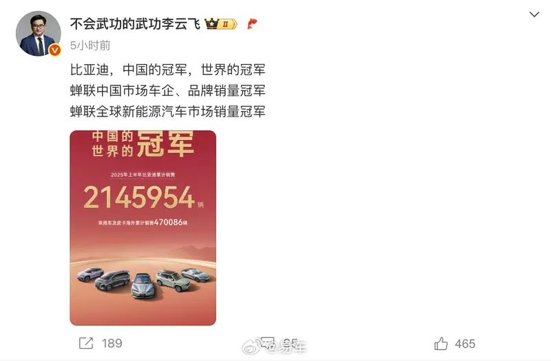 比亚迪上半年销量214万辆蝉联全球新能源冠军