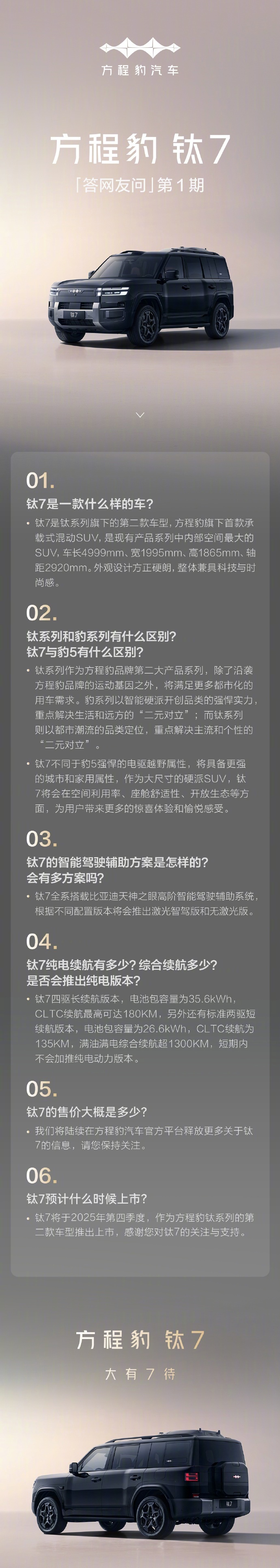 比亚迪方程豹钛7混动SUV四季度上市，纯电续航180km