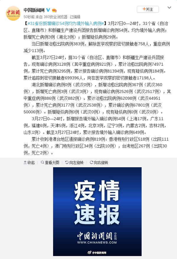 31省市新增确诊病例54例