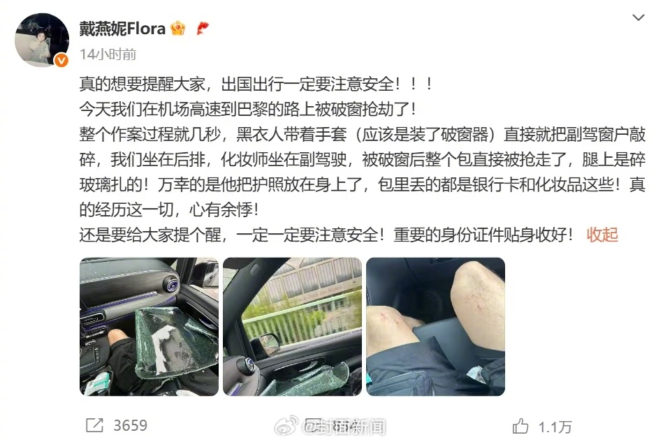 戴燕妮巴黎遭破窗抢劫腿部被碎玻璃扎伤