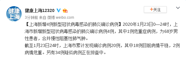 上海新增4例新型冠状病毒感染的肺炎确诊病例