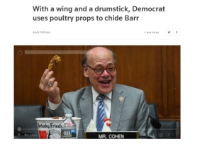  （民主党议员用炸鸡嘲笑巴尔的缺席 图片来源：CNN）