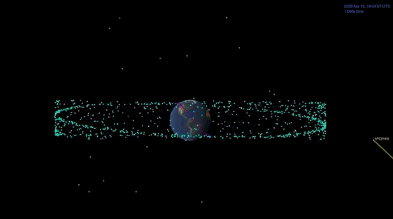 “死神星”飞掠小行星动图,其中蓝点是围绕地球运行的人造卫星。