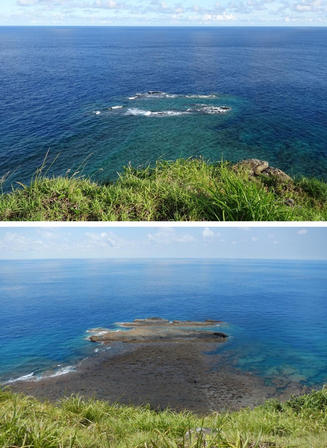 岛礁在涨潮时（上）和退潮时（下）（日本共同社）