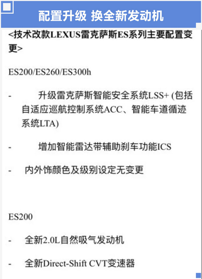 雷克萨斯新ES配置曝光 动力升级满足国6