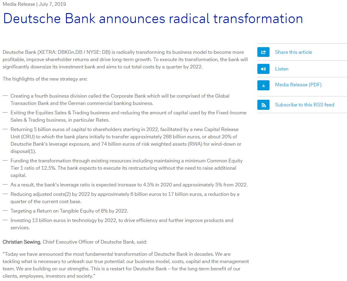 德银宣布全球裁员1.8万人：拟退出全球股票销售及交易业务