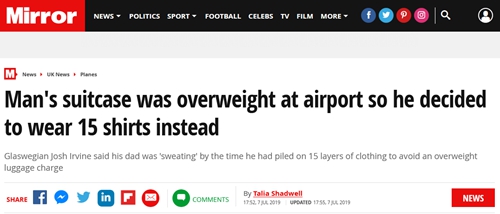 英国男子行李超重 为节省托运费一口气套15件衣服