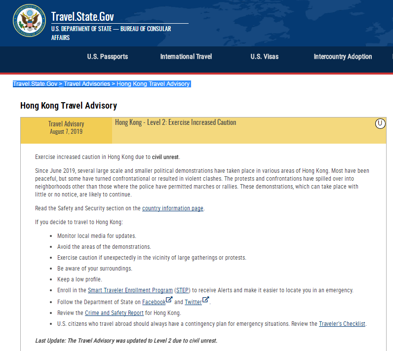 　美国国务院7日升级旅游警示