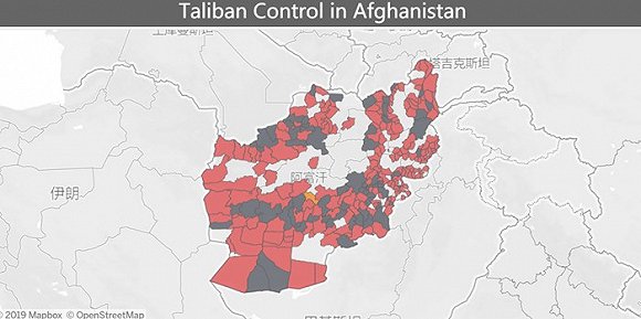 　2019年6月，深灰色为塔利班控制区，粉红色为争夺区，浅灰色为政府控制区。图片来源：《长期战争》杂志