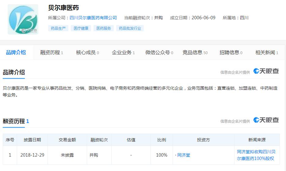 同济堂拟以现金2.7亿元收购四川贝尔康60%股权