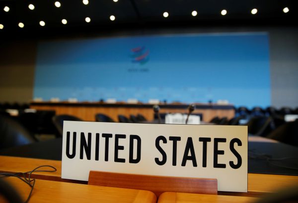 资料图片:世贸组织总理事会会议,美国代表席位。(路透社)