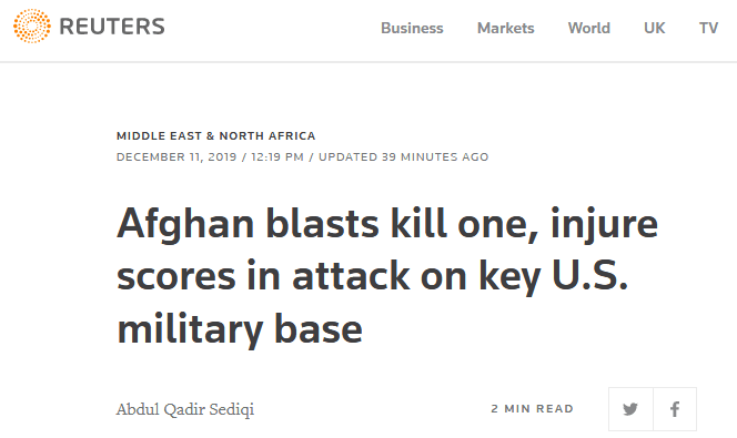 外媒:美军驻阿富汗基地附近爆炸 1死60多人受伤