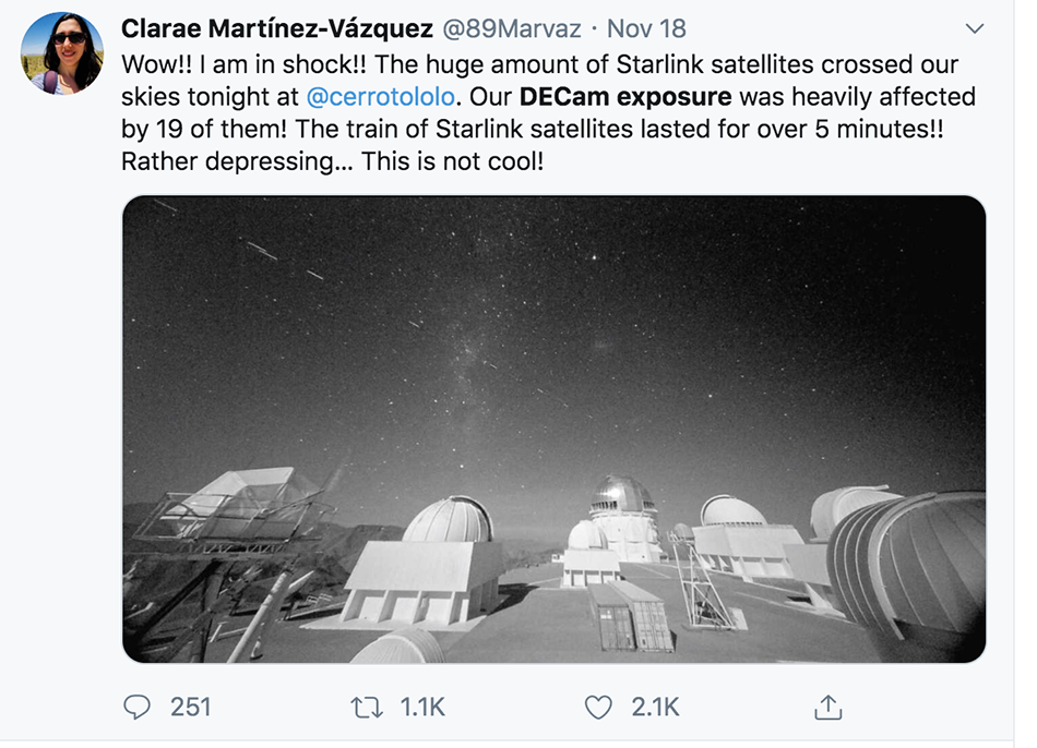 CTIO天文学家说,暗能量探测相机的曝光受到了19个“星链”计划卫星的严重影响