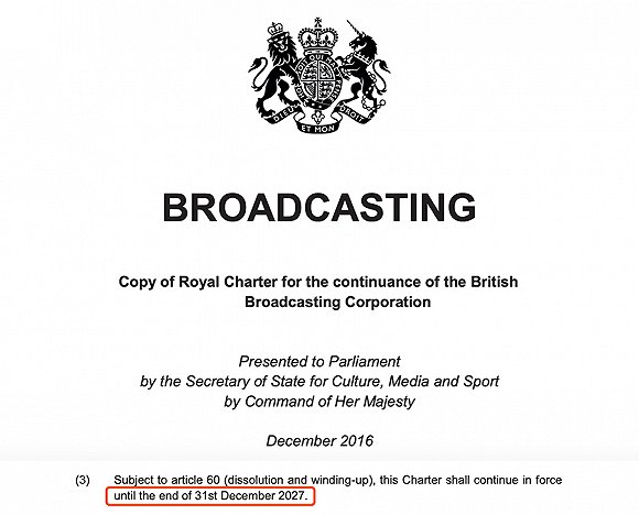 BBC在2016年底与英国政府达成的最新版《皇家宪章》