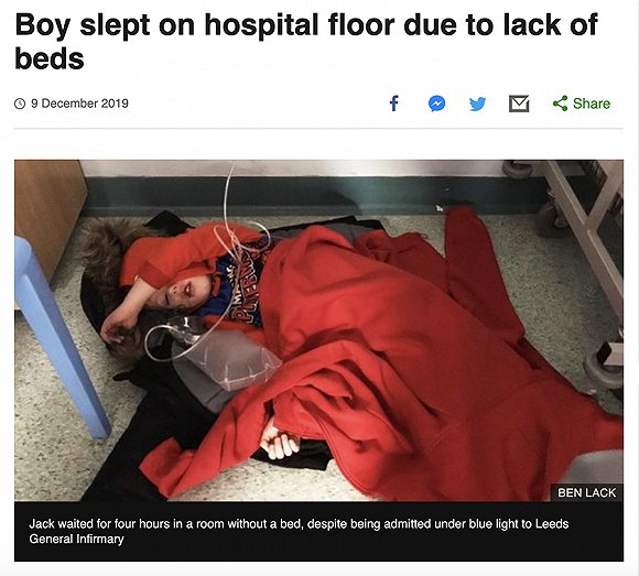 BBC本月对上述四岁男童的报道，其中提到英国国家医疗服务体系（NHS）只有工党才能挽救