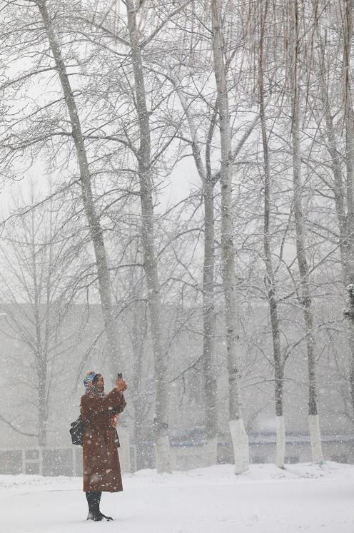 运潮减河步道，市民拍摄雪中美景。
