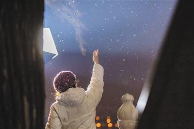 昨日，后海南沿，天空飘着的雪花清晰可见。新京报记者 李凯祥 摄