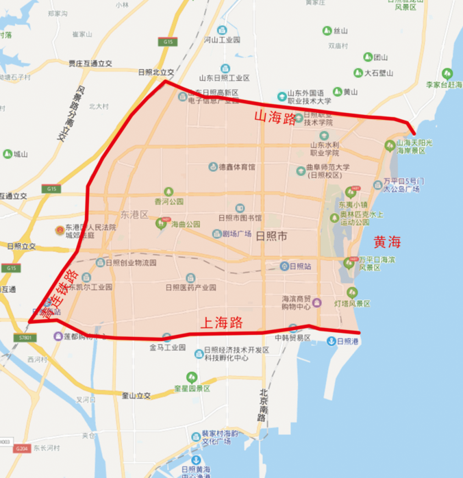 主城区边界为:北至山海路、西至青连铁路、南至上海路、东至黄海。