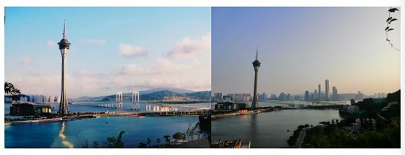 左、右图分别是陈宪声在2006年和2019年拍摄的照片，从西望洋山的视角可以看到对面横琴的变化