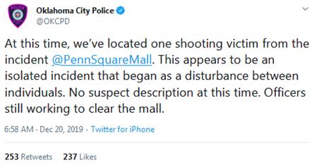 美俄克拉何马城一商场突发枪击事件 一人胸部中