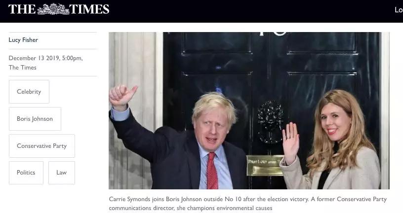 约翰逊与女友西蒙兹。《泰晤士报》网站截图