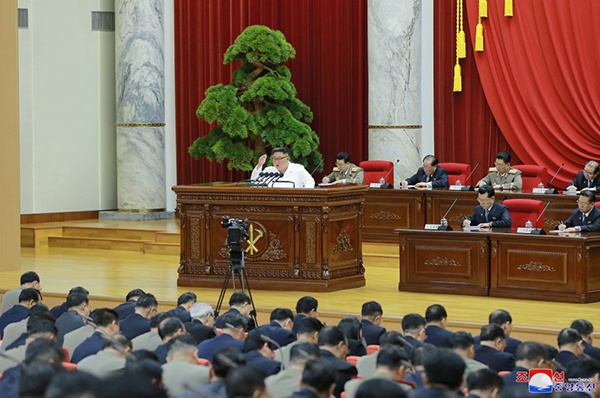  这张朝中社2019年12月31日提供的照片显示，金正恩在朝鲜劳动党七届五中全会上发言。
