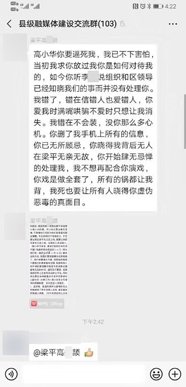 微信名为“县级融媒体建设交流群”中,有自称是高小华的情人举报。 微信群截图