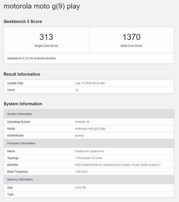 Moto G9 Play跑分成绩曝光：处理器不明或定位中端