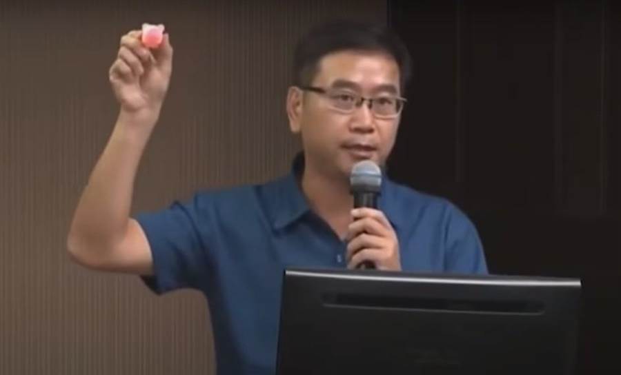 李伟俊11日手拿小猪模子,加入公听会 视频截图
