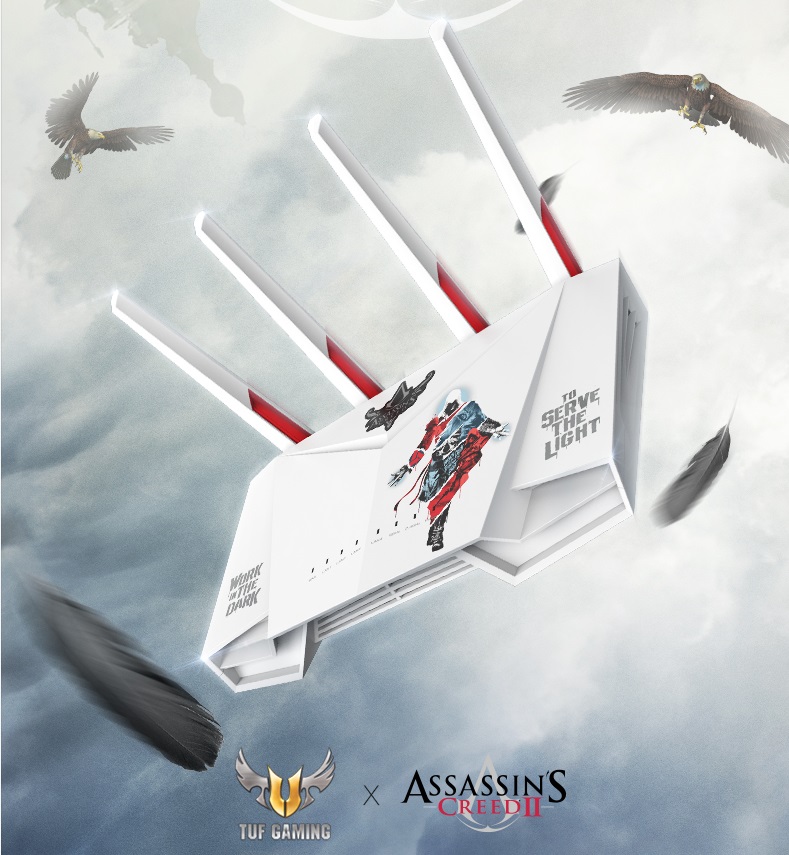 IT之家了解到,华硕电竞特工 TUF GAMING AX3000 刺客信条联名款路由整体为白色调,机身上有刺客信条的定制图案,粗旷棱角造型,后置四根高增益 5dBi 天线。