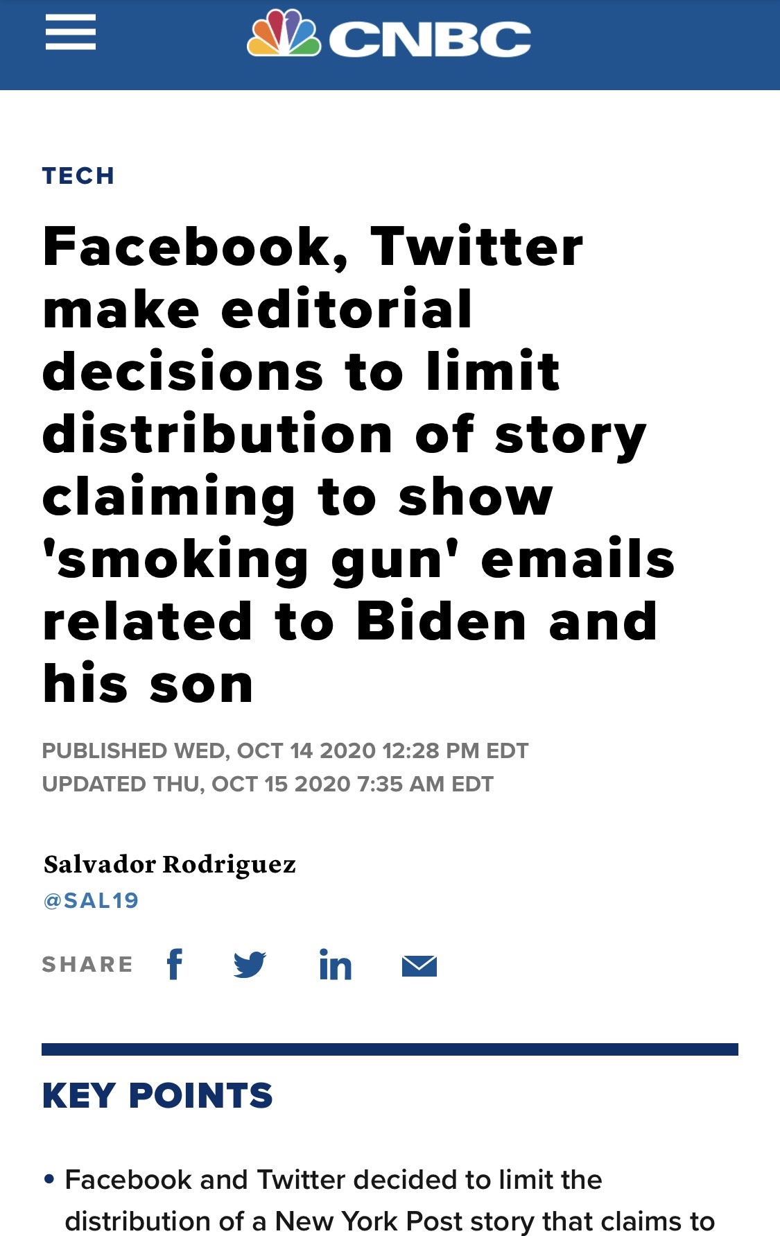 △CNBC报道，在有关拜登及其子与乌克兰关系的问题上，脸书、推特编辑部决定，要限制相关信息的传播