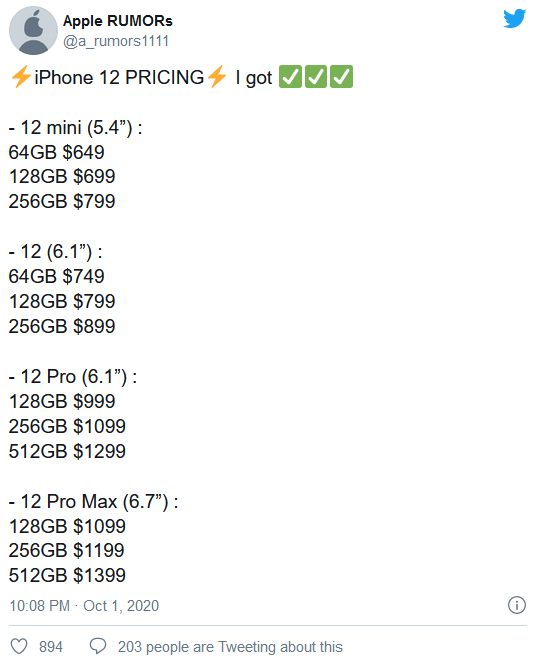 苹果iPhone 12全系售价泄露 四款机型价格区间为649-1399美元