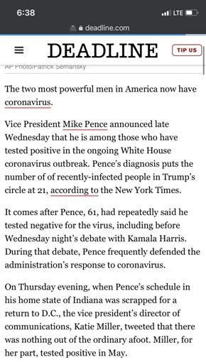 “彭斯确诊新冠”?美媒误发新闻备稿后道歉