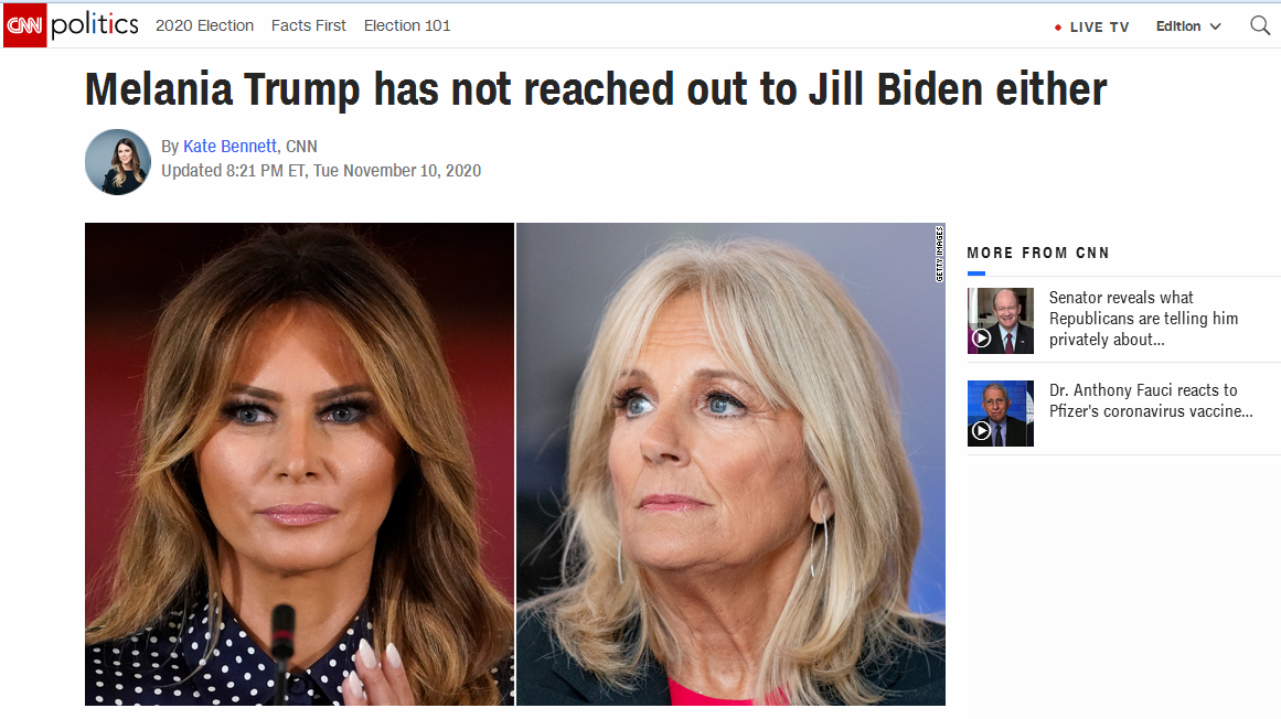 美第一夫人日程“照旧” 暂未遵从惯例接触拜登